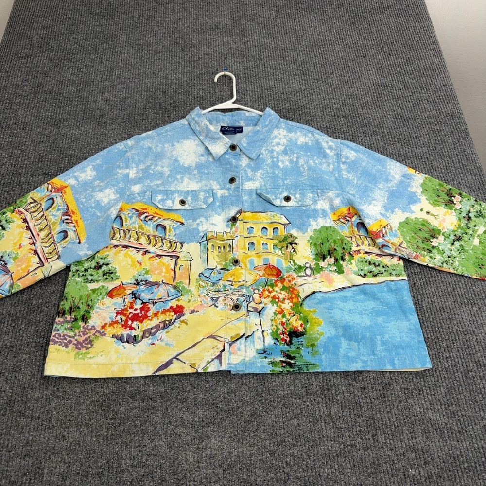 Artscape Shirt Jacket Womens 2X Blue Cotton Scenic Landscape Art Print Boho